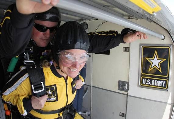 Superintendent Balow smiling just before her tandem parachute jump with the U.S. Army Golden Knights.