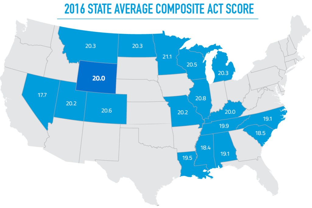 A map of the United States displays the 18 states in which 100% of the graduating seniors take the ACT.