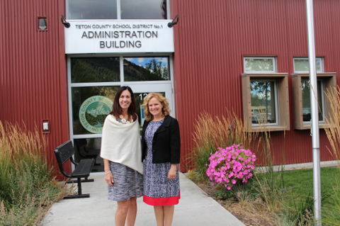 State Superintendent Jillian Balow stands with Teton County Superintendent Gillian Chapman outside the Teton Count School District administrative offices