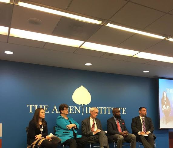 EDWeek's Alyson Klein, Ohio State Legislator, 2015 Teacher of the Year, and two State Superintendents talk equity and education during a panel discussion at a press event in Washington, D.C.