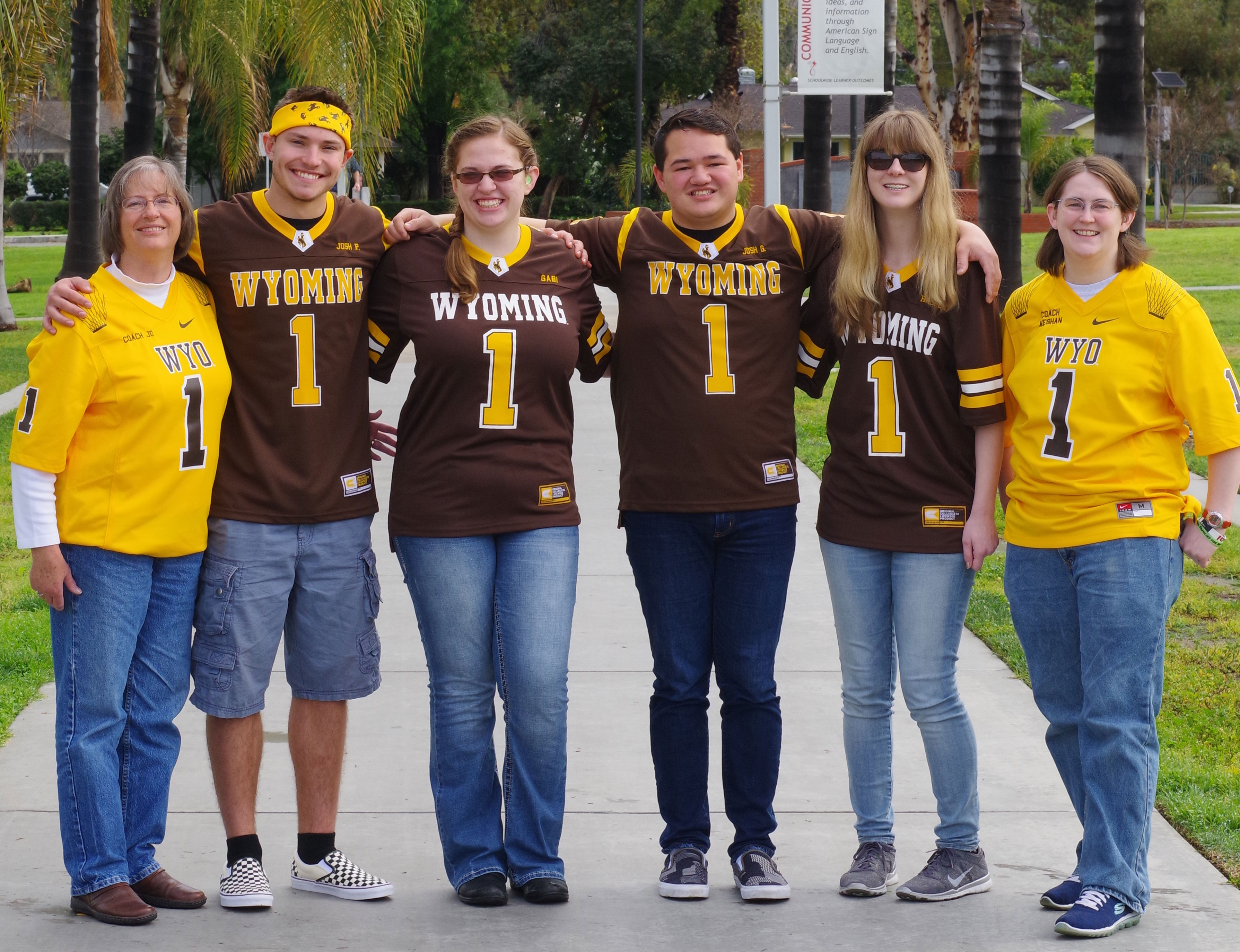 The Academic Bowl team members and coaches all proudly wearing Wyoming football jerseys while in sunny California for the West Regionals.