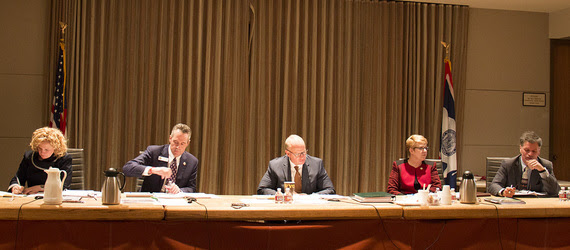 State Superintendent Jillian Balow, Secretary of State Ed Murray, Governor Matt Mead, State Auditor Cynthia Cloud, and State Treasurer Mark Gordon sit at the dias during the State Loan and Investment Board meeting.