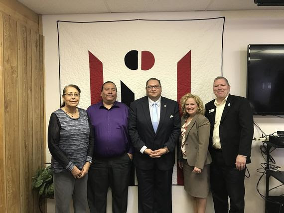 State Superintendent Jillian Balow and WDE tribal liaison Rob Black meet with three members of the Northern Arapaho Business Council