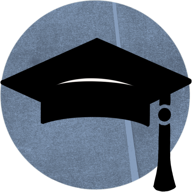 An illustration of the WDE logo graduation cap over a textured circle background