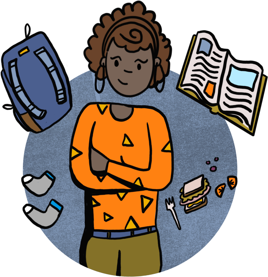 An illustration of a mother surrounded by backpacks, books, lunch to be made, and their child's socks