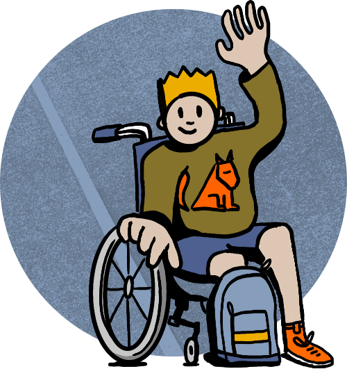 An illustration of a student in a wheelchair raising their hand. Their backpack is at their feet.