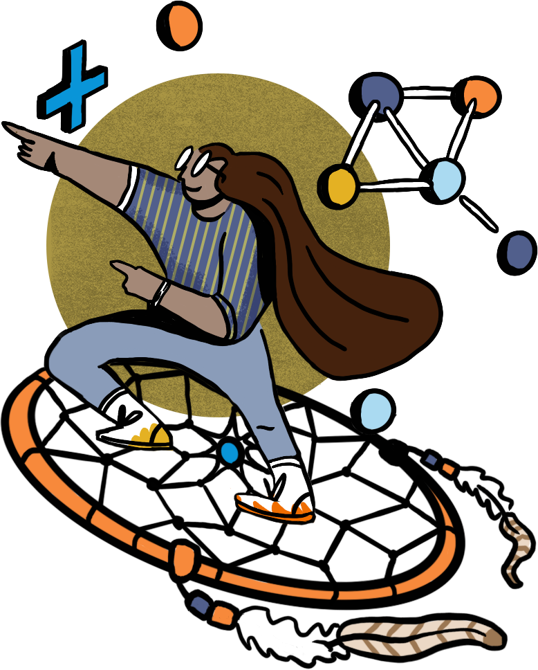 An illustration of a Native American educator riding a dreamcatcher. Equations and chemistry surround them.