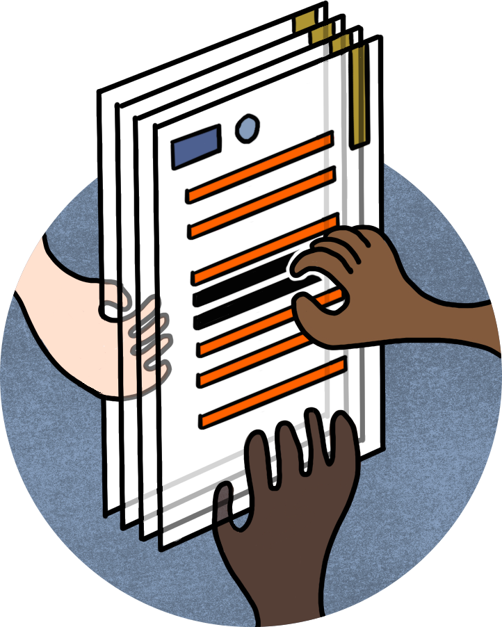 An illustration of multiple hands accessing documents that are transparent — helping convey the idea of transparency