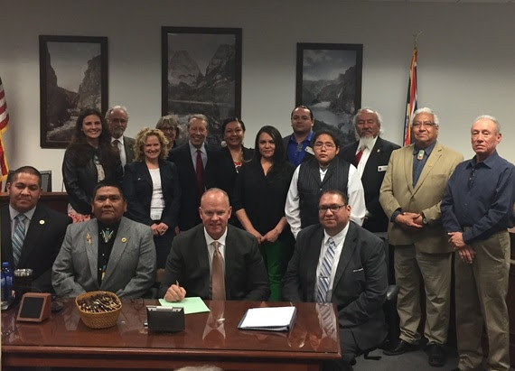 Members of the Eastern Shoshone and Northern Arapaho Tribes attend the signing of HB76 with Governor Matt Mead and State Superintendent Jillian Balow.