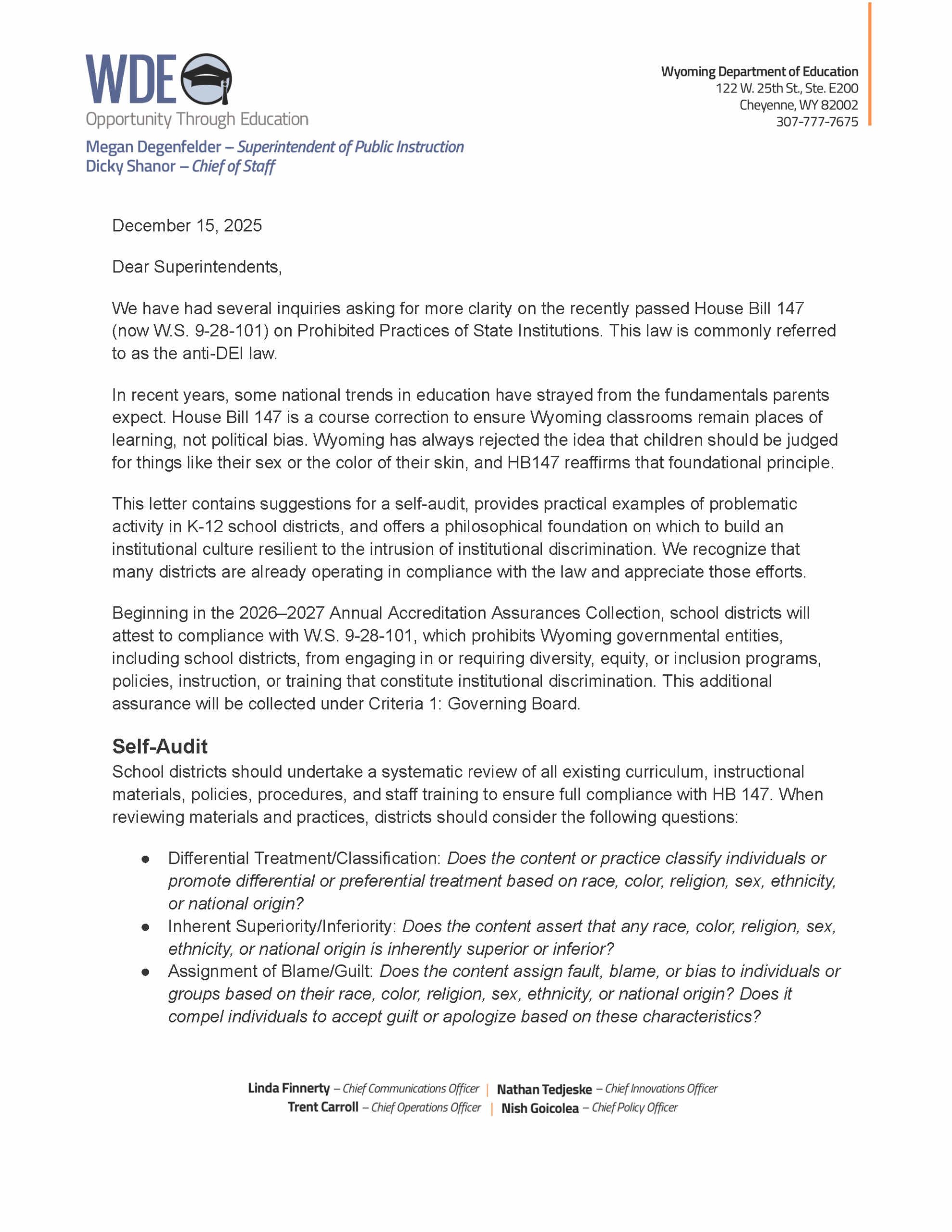 Update from Superintendent Degenfelder on HB147 - Prohibited Practices of State Institutions